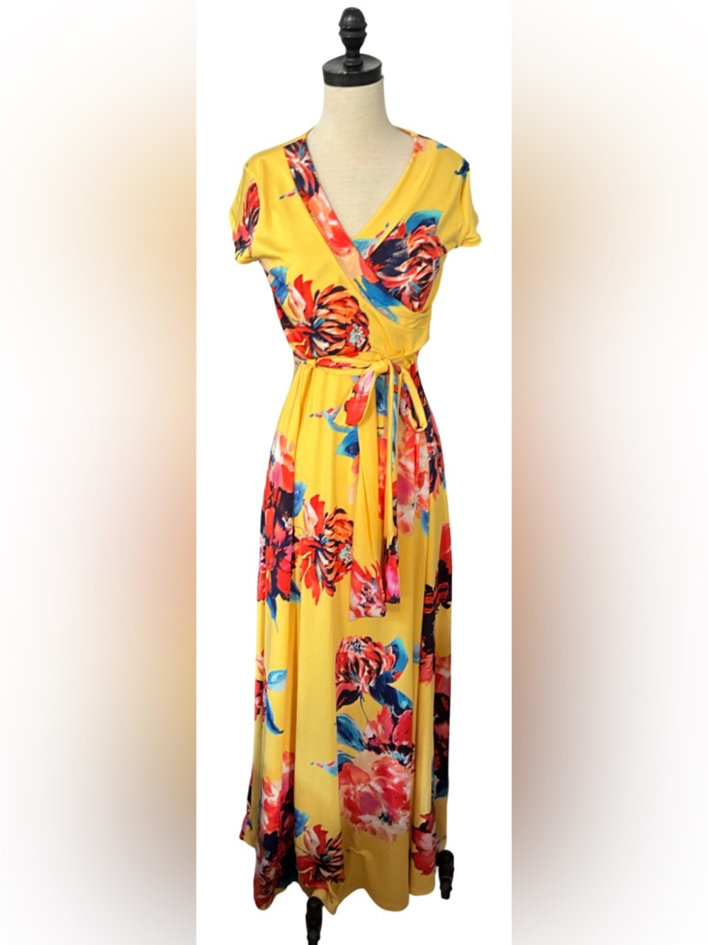 New York & Company Yellow Floral Wrap Maxi Dress Size S